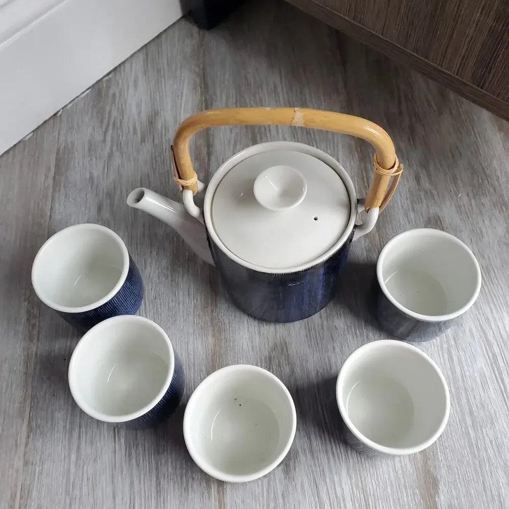 Vintage Japanese 6 Piece Tea Set Ceramic Blue and White Teapot and Cups